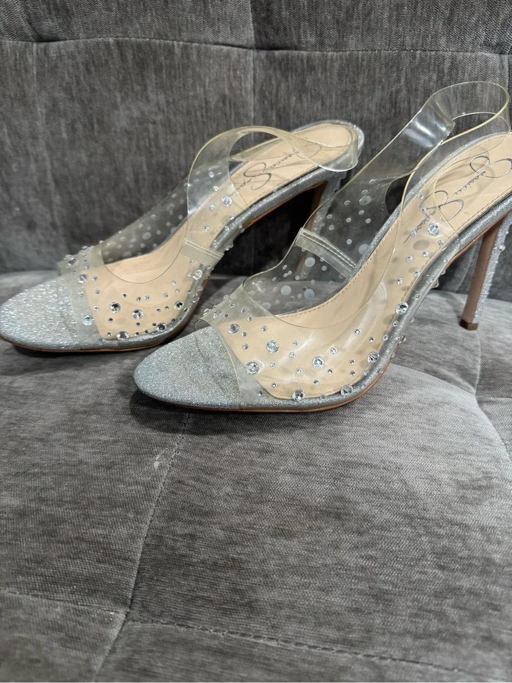 Jessica Simpson Clear Rhinestone Slingback Heels in Silver